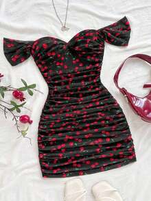 Vestido mini ajustado de punto rojo con hombros descubiertos para mujer, diseño con espalda calada, adecuado para vacaciones, citas, té de la tarde, temporada de bodas, playa, crucero, vacaciones en la ciudad, vacaciones bohemias, festivales de - Multicolor 2 - Ver 1