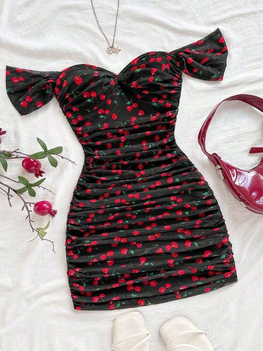 Vestido mini ajustado de punto rojo con hombros descubiertos para mujer, diseño con espalda calada, adecuado para vacaciones, citas, té de la tarde, temporada de bodas, playa, crucero, vacaciones en la ciudad, vacaciones bohemias, festivales de - Multicolor 2 - Ver 1
