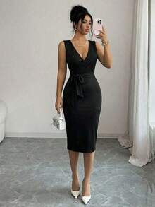 Vestido midi elegante sin mangas con estampado de encaje 3D, cuello superpuesto, cinturón en la cintura, uso diario casual, vestido de encaje elegante en color albaricoque - Negro - Ver 4