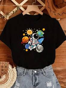 Camiseta Estampada Mujer con Diseño Espacial Astronauta,Planetas,Sol y Cohete,Ideal para un Look Cómodo y Casual. Camiseta Y2k - Negro - Ver 6