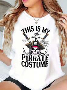 Camiseta de Mujer con Estampado de Calaveras y Espadas, Disfraz de Pirata, para Fiesta de Halloween, Estilo Casual - Blanco - Ver 6