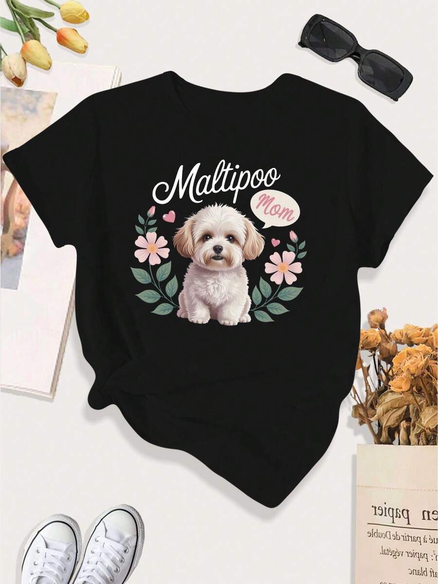 [Print Design]Large Size Women'S Casual Sports T-Shirt |   Maltipoo Mom Floral Portrait, Medium Stretch Fabric, Crew Neck, All-Season[Suitable For Leisure And Sports Activities] - Multicolor - View 1