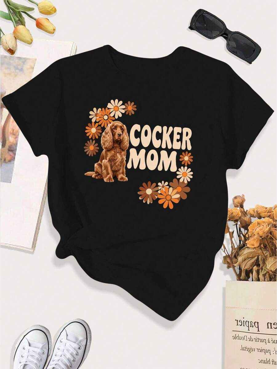 [Print Design]Large Women'S Casual Sports T-Shirt Featuring Cocker Spaniel Daisies[Suitable For Leisure And Sports Activities] - Multicolor - View 1