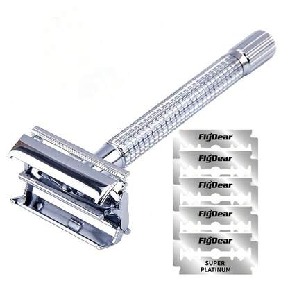 Silver Double-Sided Safety Razor With Blades, Textured Handle, Plated, Anti-Rust, Traditional Shaving Set With Bottom Knob Blade, For Beard And Mustache Grooming
