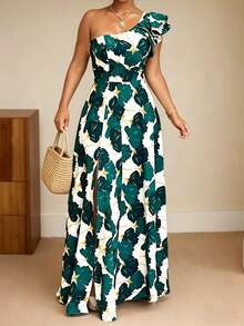 Elegant Floral Print Maxi Dress With Ruffle Hem And Side Slit, Bohemian Woven Fabric, Zipper Closure, Suitable For Beach Vacation In Summer - Green - View 5