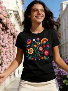 Camiseta suave 100% algodón, con estampado floral de estilo mexicano y letras, de manga corta y cuello redondo, ropa casual para mujer, camiseta de algodón transpirable, versátil y moderna. - Negro - Ver 3