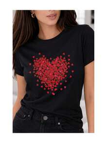 Soft 100% Cotton T-Shirt, Short Sleeve, Heart Mosaic Sleeve Print, Romantic Casual Style, Micro Hearts, Breathable Cotton T-Shirt, Goes With Everything, Great. - 黑色 - 查看 2