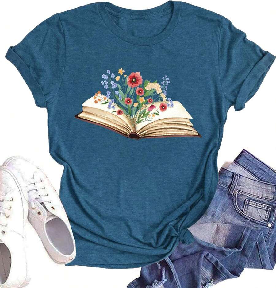 Camisetasparaamantesdeloslibros,paraprofesores,divertidasfloressilvestres,paralectura,gráficos,casual,regaloparaprofesores - Azul - Ver 1