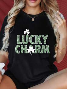 Women's T-Shirt With Clover Design And Bright Green Text, Ideal For Family Gatherings, Christmas Parties, Sports Activities, New Year's Eve Parties, Outings, Sports And Other Festive Gifts. - 黑色 - 查看 1