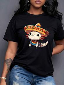 A Smiling Axolotl Wearing A Festive Mexican Hat And A Vibrant Striped Poncho Represents The Joy And Culture Of Mexico. An Adorable Aquatic Creature. Women's T-Shirt, 100% Soft, Breathable Cotton, Perfect For Summer. - 黑色 - 查看 7