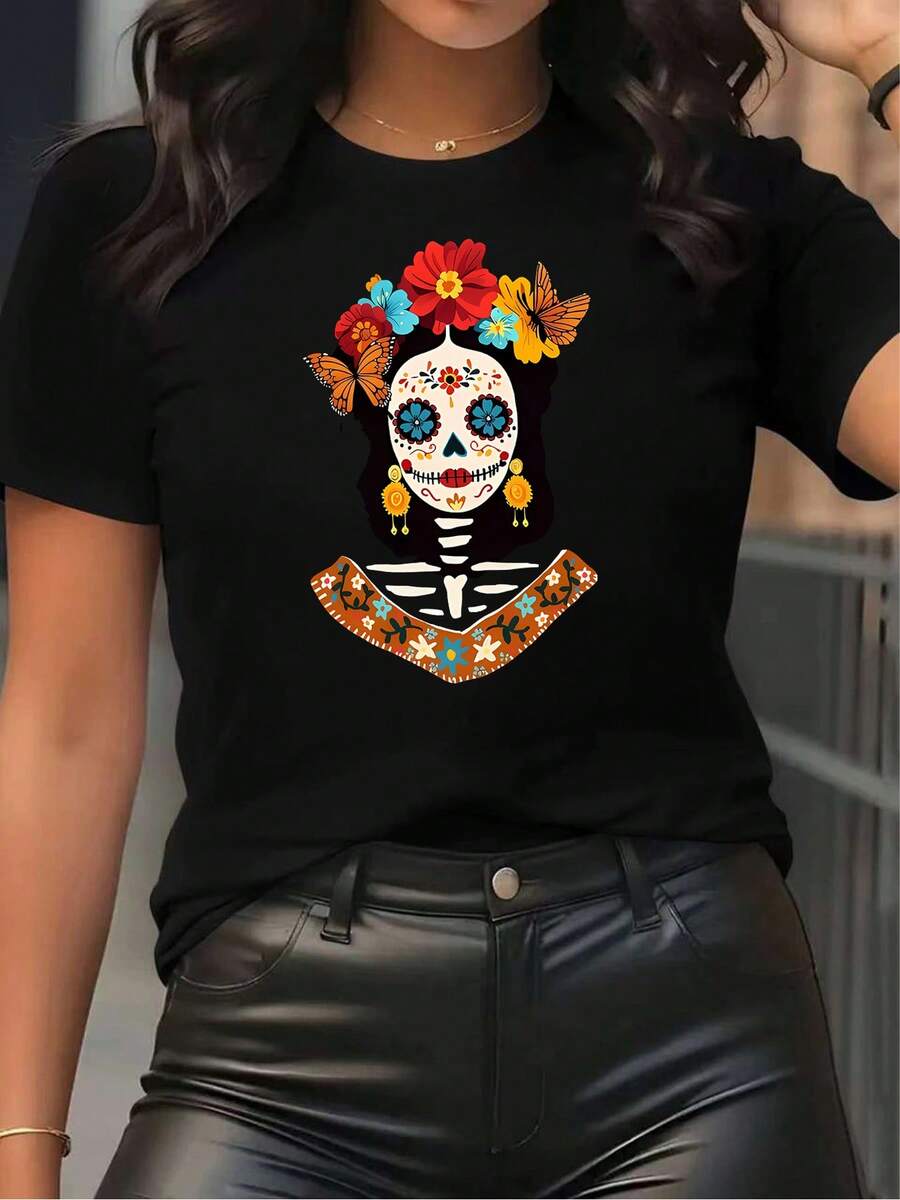 Versatile Women's T-Shirt With A Day Of The Dead Catrina Print, Short Sleeves And Round Neck, In Red, With Colorful Catrina Skulls, Flowers, Butterflies And Traditional Patterns, Perfect For Casual Wear And Cultural Celebrations. - 黑色 - 查看 1