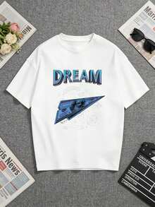 White T-Shirt With A Striking "Dream" Print And Dollar Bill Design. Perfect For Casual Wear Or As A Gift For Loved Ones. A Short-Sleeved T-Shirt Suitable For Home, Everyday Wear, Parties, And Travel-Ideal As A Gift For Friends Or Family. - 白色 - 查看 1