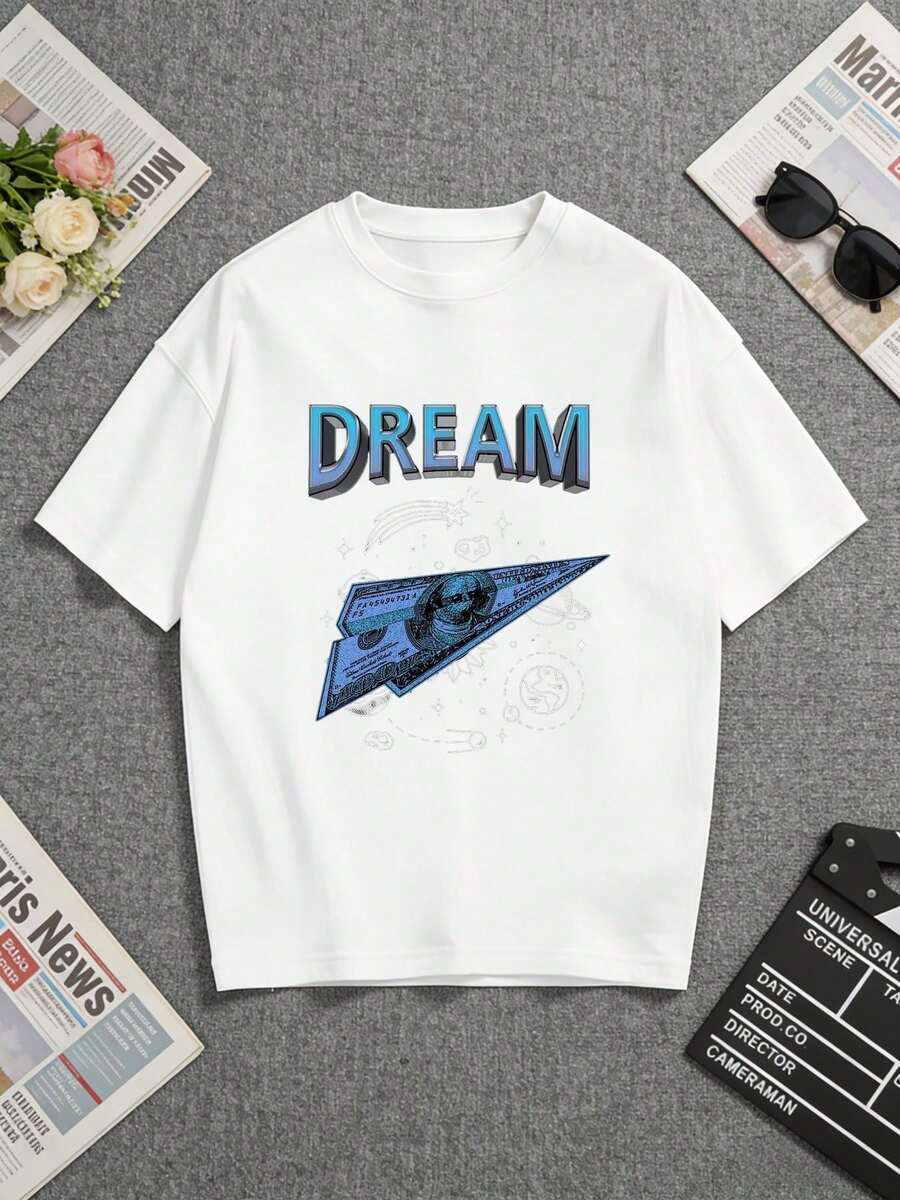 White T-Shirt With A Striking "Dream" Print And Dollar Bill Design. Perfect For Casual Wear Or As A Gift For Loved Ones. A Short-Sleeved T-Shirt Suitable For Home, Everyday Wear, Parties, And Travel-Ideal As A Gift For Friends Or Family. - 白色 - 查看 1