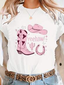 Women's Graphic Tee Featuring A Cowboy Boot And Pink Hat Design, Crew Neck, Short Sleeves, "Yeehaw" Print, White Jeans, And A Cowboy Belt. Ideal For Spring And Summer, Perfect For Casual Spring Wear. Fun Design Tee. Shiny Fabric Shirt. Y2k Tee - 白色 - 查看 10