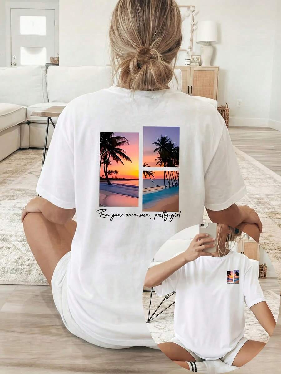This Women's T-Shirt Features A Double-Sided Print With Short Sleeves And A Crew Neck, Showcasing Two Images Of Palm Trees And A Sunset On The Beach, Accompanied By English Text At The Bottom. It's Machine Washable And Suitable For Casual Wear. Perfect For A Beach Outfit, Summer Look, Vacation Style With Green Tropical Plants, Beach Stroll, Limited Summer Edition, And A Cool And Comfortable Option For Summer Travel. - 白色 - 查看 1