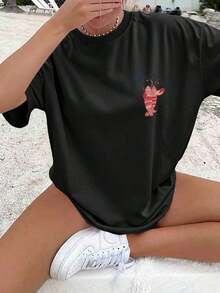 1 Piece [Double-Sided Print] Women's Fashion Casual T-Shirt, Spring/Summer, Watercolor Style, Shrimp, Heart, "Dancing In The Kitchen" Print, Round Neck, Short Sleeve, Pure Cotton, Plus Size, Drop Shoulder [Chu K]2026 - 黑色 - 查看 2