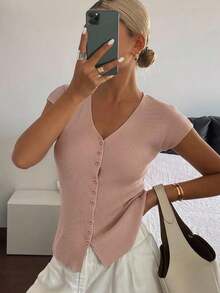 Cárdigan casual de verano para mujer, de unicolor, ajustado, de cuello en V, elástico y delgado - Rosa Pálido - Ver 7