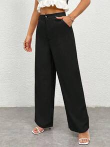 Pantalones casuales simples de unicolor para mujer para usar todos los días - Negro - Ver 3