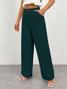 Pantalones casuales simples de unicolor para mujer para usar todos los días - Verde Oscuro - Ver 3