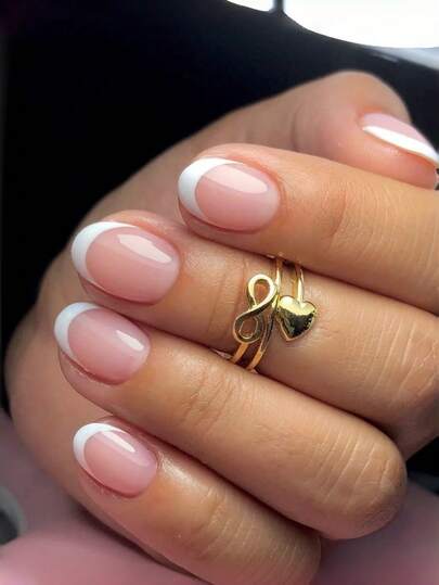 Get Timeless Elegance 24Pcs Short Round French Tip Press On Nails Kit, Classic Nude Pink Glossy Fake Nails Set With 1pc Jelly Glue & 1pc Mini File, Easy Apply & Remove Natural False Nails For Women Office & Wedding