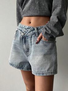 Jeans rectos de cintura baja con banda de cintura elegante para mujer - Azul 2 - Ver 3