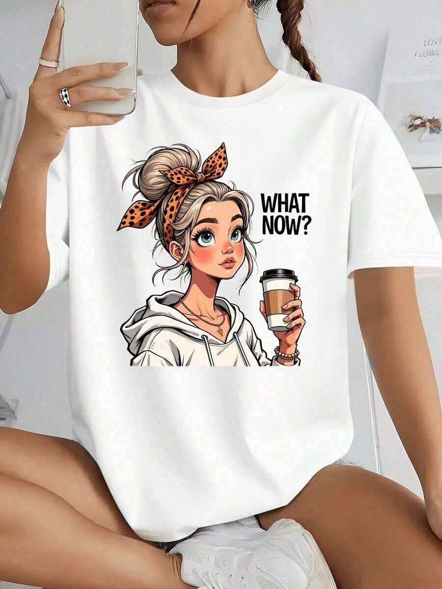Moda minimalista moderna, tallas grandes, Pascua, Día de la Madre, Día del 1 de Junio, ropa de mujer, camiseta de mujer de manga corta casual con cuello redondo, talla mediana, adecuada para todas las estaciones, camiseta con estampado único en forma de D, casual para el día a día. - Blanco - Ver 1