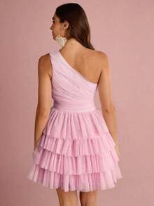 Vestido de malla con volantes y pliegues asimétricos - Rosa Pálido - Ver 2