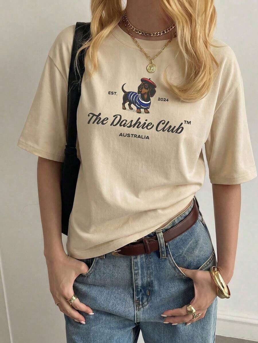Camiseta de mujer estampada de manga corta para verano, tela de poliéster, estilo multifuncional, corte regular, peso 180 gramos, 1 unidad.Camiseta Algodón - Albaricoque - Ver 1