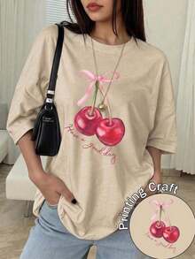 Camiseta Casual Negra de Manga Corta para Mujer, de Poliéster, con Estampado de Cerezas, Cuello Redondo, Corte Regular, para Uso Diario - Albaricoque - Ver 2