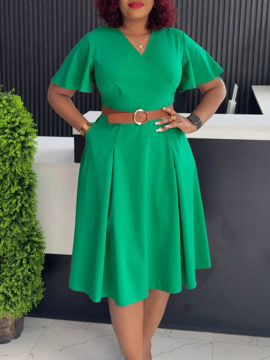 Women's A-Line Casual Dress, New Summer Collection European-American Style, V-Neck And Puff Sleeves - Sabuk Hijau + Sabuk - View 1