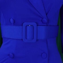 Vestido midi elegante para mujer, cuello blazer, doble botonadura, color liso - Azul + Cinturón - Ver 4