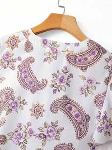 Blusa casual de mujer con estampado de cerezas, cuello plisado y mangas cortas de campana en silueta "H", para uso diario y vacaciones - Morado - Ver 4