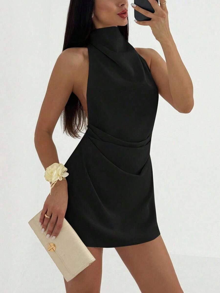 Vestido mini plisado de mujer con espalda abierta y atado - Negro - Ver 1