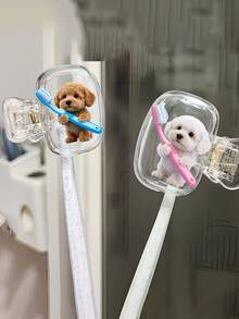 Cute 2 Teddy Dogs Holding Hands Toothbrush Pattern Portable Toothbrush Head Cover Storage Box Toothbrush Protective Cap Holder, Essential Bathroom Accessory For Home, Business Travel, Daily Use, Outdoor Outings, Back To School Gift - Multicolor - View 4