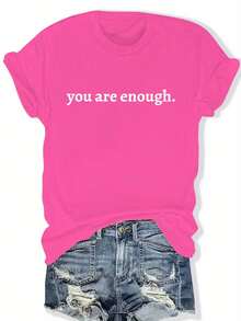 Women's Plus Size Graphic T-Shirt "You Are Enough" - Casual, Short Sleeve, Crew Neck, Light Brown, Loose Fit, Summer And Spring Top, Casual Wear | Loose Fit Top | Lightweight T-Shirt - 玫紅色 - 查看 1