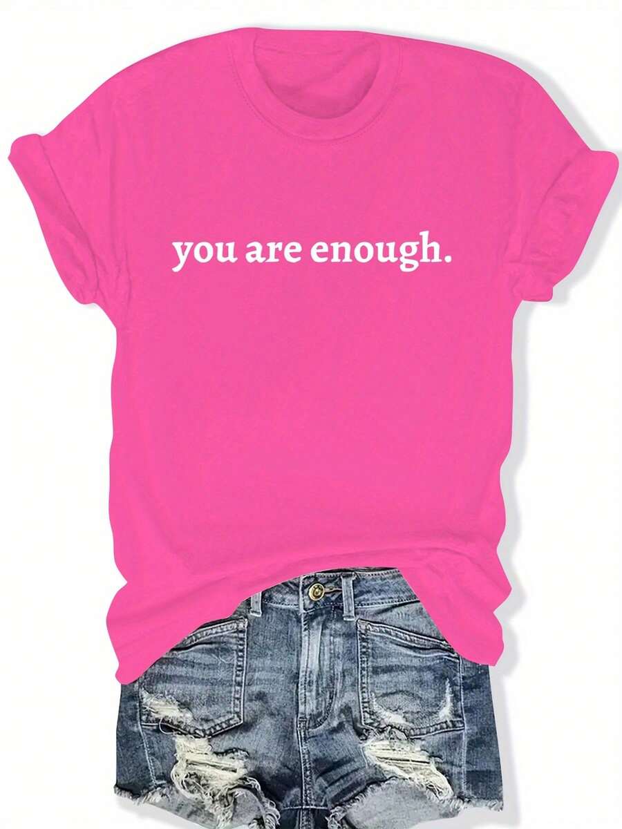 Women's Plus Size Graphic T-Shirt "You Are Enough" - Casual, Short Sleeve, Crew Neck, Light Brown, Loose Fit, Summer And Spring Top, Casual Wear | Loose Fit Top | Lightweight T-Shirt - 玫紅色 - 查看 1