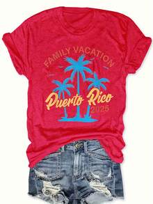 Women's Plus Size Graphic T-Shirt With Puerto Rico Design - Casual Short Sleeve Crew Neck Top With Palm Tree Design, Bright Pink, Perfect For Spring And Summer, Casual Spring Wear | Family Vacation Design | Vibrant Print T-Shirt, Puerto Rico T-Shirt - 紅色 - 查看 1