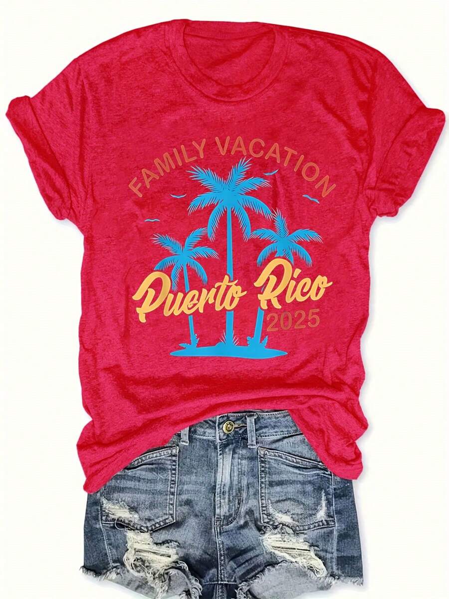 Women's Plus Size Graphic T-Shirt With Puerto Rico Design - Casual Short Sleeve Crew Neck Top With Palm Tree Design, Bright Pink, Perfect For Spring And Summer, Casual Spring Wear | Family Vacation Design | Vibrant Print T-Shirt, Puerto Rico T-Shirt - 紅色 - 查看 1