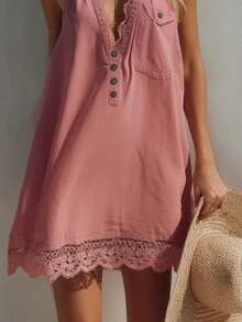Retro Lace V-Neck Pink Denim Mini Skirt - Pink - View 3