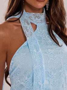 Vestido mini con cuello halter y espalda descubierta con estampado de lunares, para el verano - Celeste - Ver 6