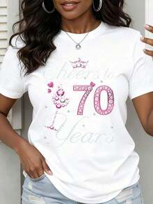 1 pieza de camiseta de manga corta para mujer con diseño de corona de diamantes de imitación, copa de champán y texto de "70 Años" para celebración de cumpleaños o fiesta de aniversario, 180g, 100% algodón. - Blanco - Ver 1