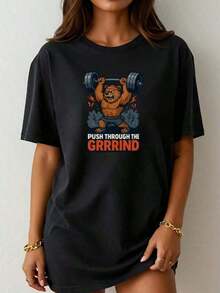 1 Gym T-Shirt With "Gym Mode On" Print, Funny Fitness T-Shirt, Gym T-Shirt, Women's Cotton Motivational T-Shirt, Oversized Printed Graphic T-Shirts, 180g 100% Cotton. - Black 1 - 查看 1