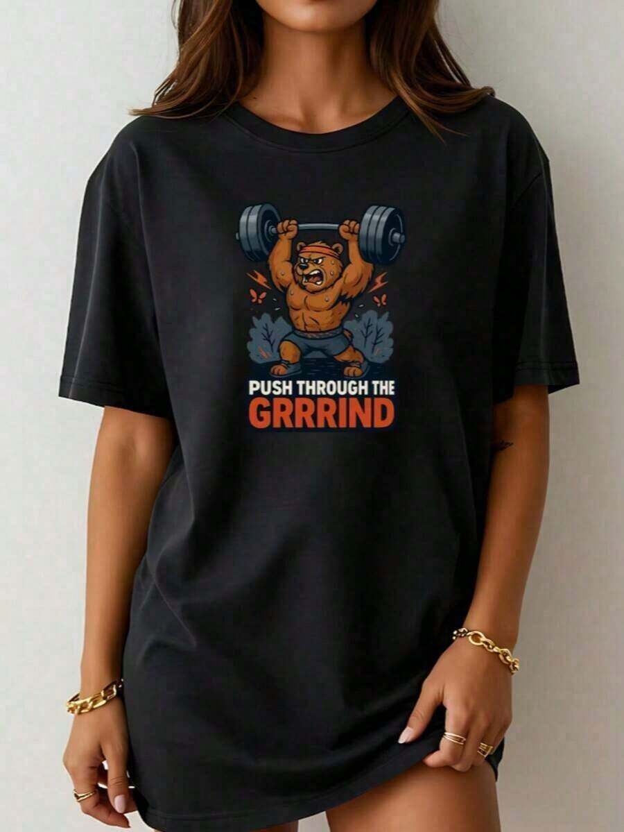 1 Gym T-Shirt With "Gym Mode On" Print, Funny Fitness T-Shirt, Gym T-Shirt, Women's Cotton Motivational T-Shirt, Oversized Printed Graphic T-Shirts, 180g 100% Cotton. - Black 1 - 查看 1
