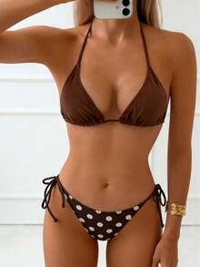 Sexy Three-Piece Bikini With Printed Straps. - Brown Polka Dots - View 1