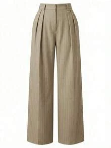 Pantalones anchos de pierna ancha de color café oscuro de moda minimalista para mujeres, pantalones de tela marrón de pierna ancha para el trabajo, pantalones de tiro alto de pierna ancha marrón para mujeres, pantalones de traje marrón para otoño/invierno - Caqui 2 - Ver 3