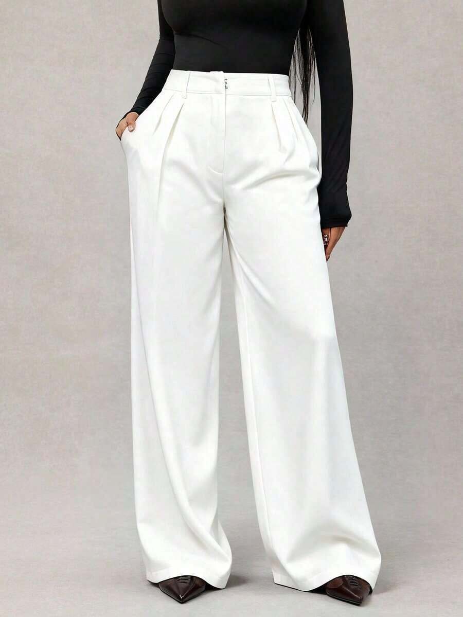 Pantalones anchos de pierna ancha de satén negro sueltos y minimalistas modernos para mujer, pantalones largos de oficina, pantalones anchos negros, pantalones anchos de cintura alta, pantalones de traje negros, pantalones largos de satén, pantalo - Blanco - Ver 1