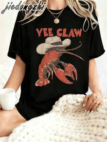 1 Piece Of Women's Cowboy Style Crayfish Print Oversized T-Shirt, Y2K Inspired Summer Clothing, Graphic Tees For Everyday Wear, Women's Western Style Holiday Outfits, 180g 100% Cotton. - 黑色 - 查看 1