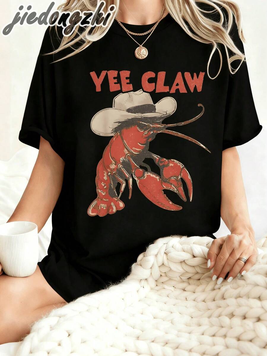 1 Piece Of Women's Cowboy Style Crayfish Print Oversized T-Shirt, Y2K Inspired Summer Clothing, Graphic Tees For Everyday Wear, Women's Western Style Holiday Outfits, 180g 100% Cotton. - 黑色 - 查看 1