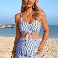 Swim Vcay Conjunto de bikini de maternidad a rayas, traje de baño casual para vacaciones de mujer 2026 Nuevo, adecuado para escuela, vacaciones, citas, té de la tarde, estilo occidental, crucero, playa, isla, viaje por carretera, todas las estaciones, festival de música, vacaciones bohemias, vacaciones bohemias, otoño relajado, estilo boho occidental, blusas elegantes para mujer, conjuntos de vacaciones de verano para mujer de 2 piezas, conjuntos de coordinados de verano para mujer, trajes de ba - Multicolor - Ver 6