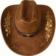 Women Men Embroidery Cowgirl Hat Wide Brim Cattle Head Belted Wool Hat Felt Jazz Cap For Party With Cap Support To Prevent Deformation - 卡其色 - 查看 10